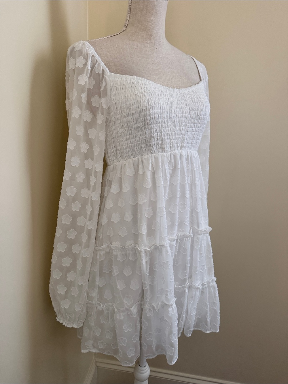 Midnight Doll Smocked Square Neck White Lace Mini Dress - Picture 5 of 15